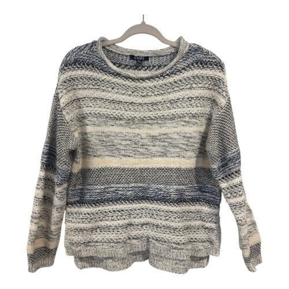 Chaps Womens Striped Chunky Knit Sweater Blue Cream Crewneck Medium